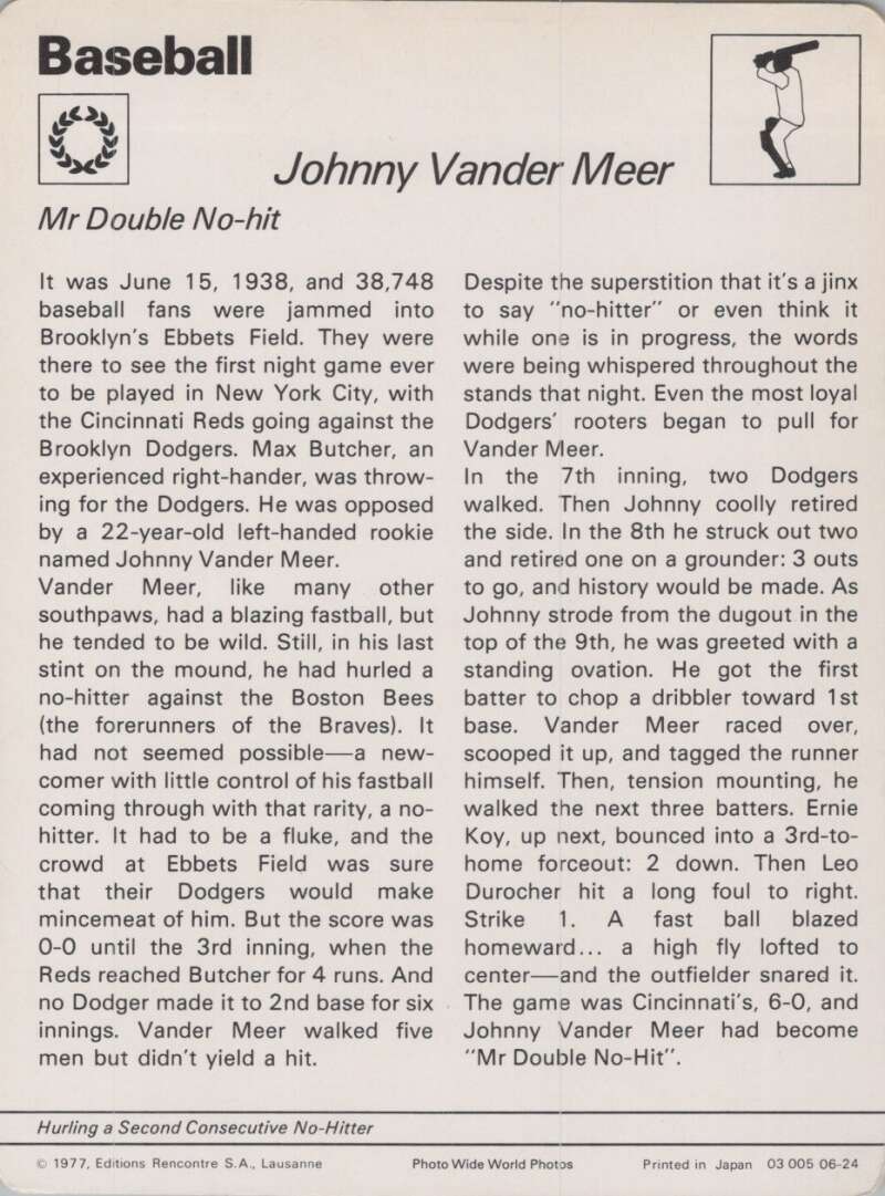 1977 Sportscaster #624 Johnny Vander Meer Baseball Photo Card Image 2