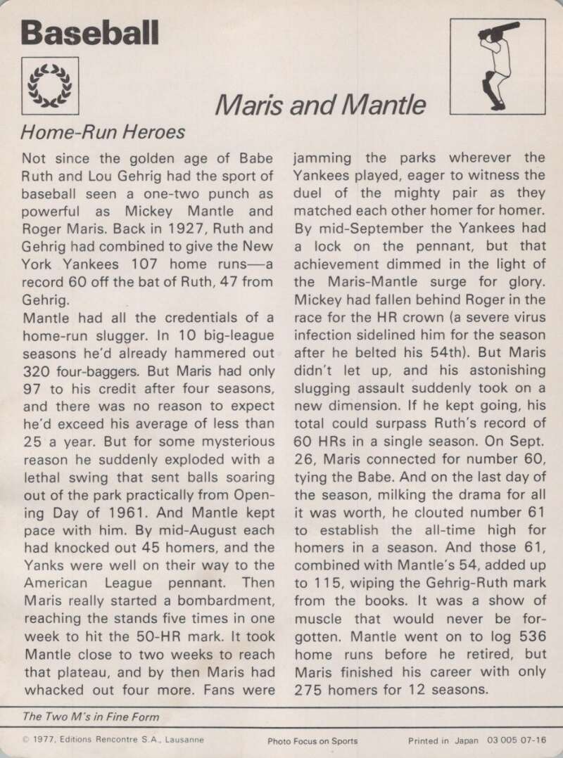 1977 Sportscaster #716 Roger Maris / Mantle Baseball Photo Card Image 2