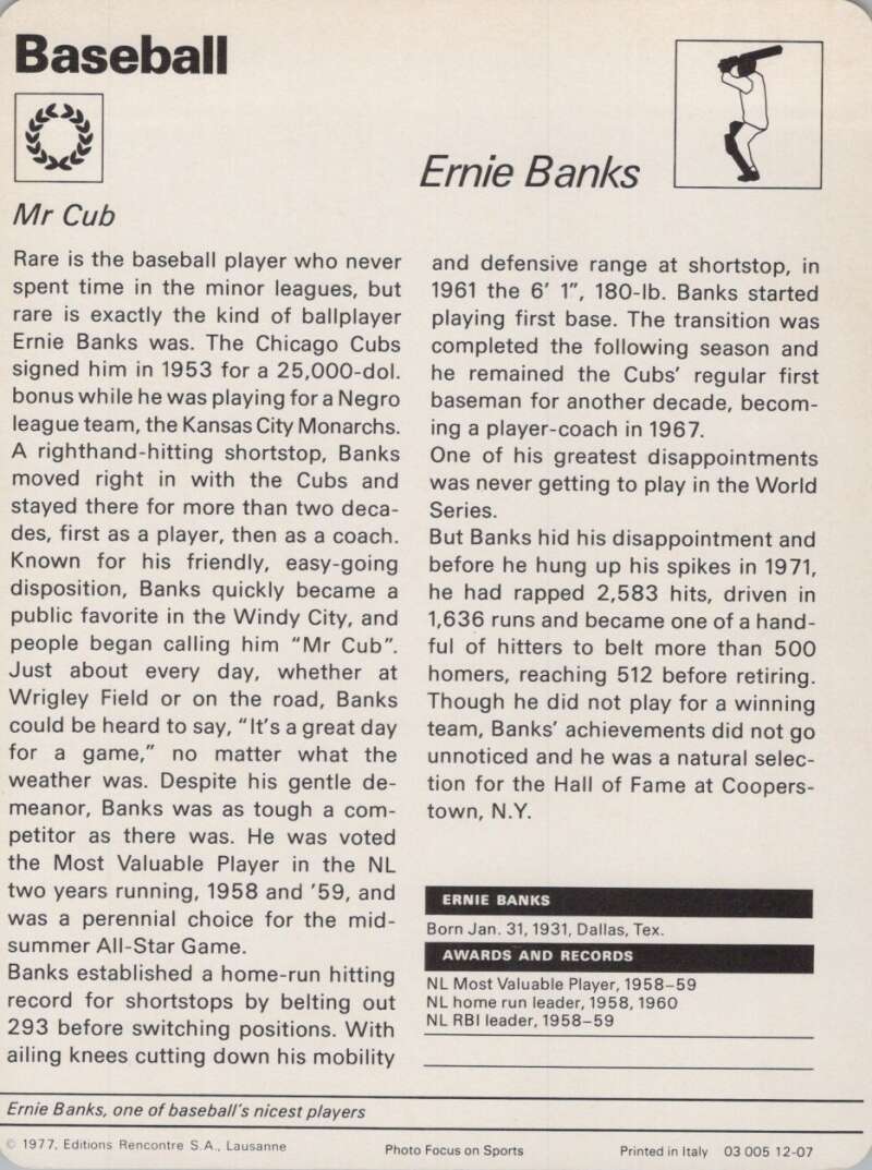 1977 Sportscaster #1207 Ernie Banks Baseball Photo Card Image 2