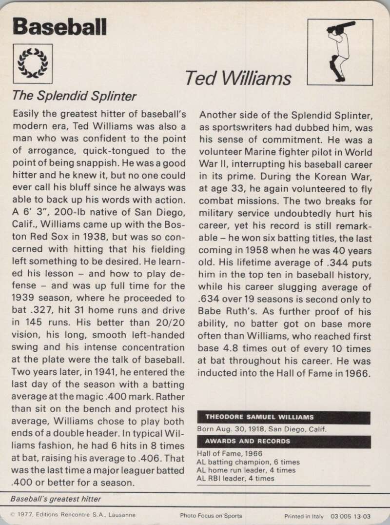 1977 Sportscaster #1303 Ted Williams Baseball Photo Card Image 2