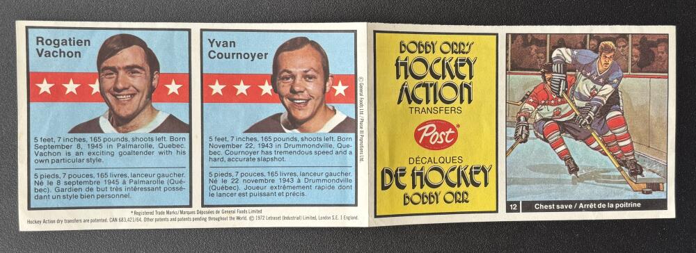 1972 Post Bobby Orr Hockey Action Transfers Chest Save #12 Vachon/Cournoyer Image 1