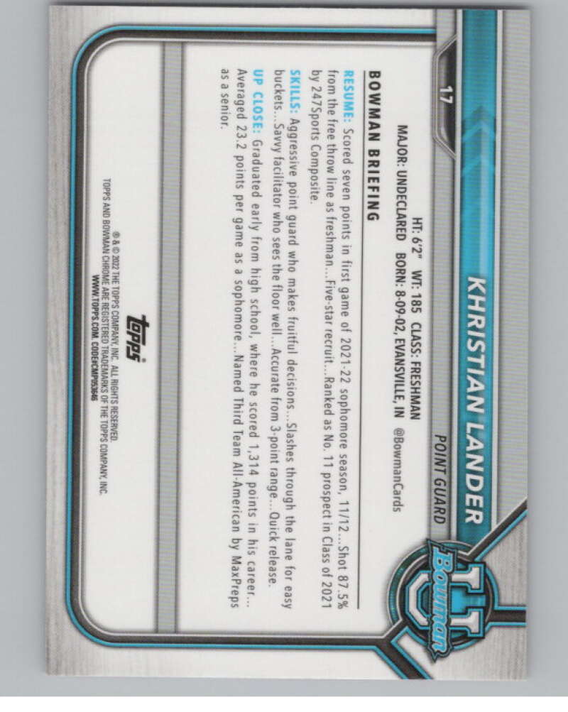 2021-22 Bowman University Chrome Refractor Pink #17 Khristian Lander V101201 Image 2