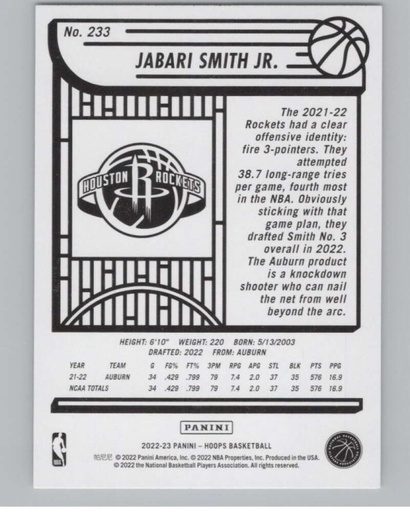 2022-23 Panini NBA Hoops #233 Jabari Smith Jr. RC Rookie Rockets V101373 Image 2