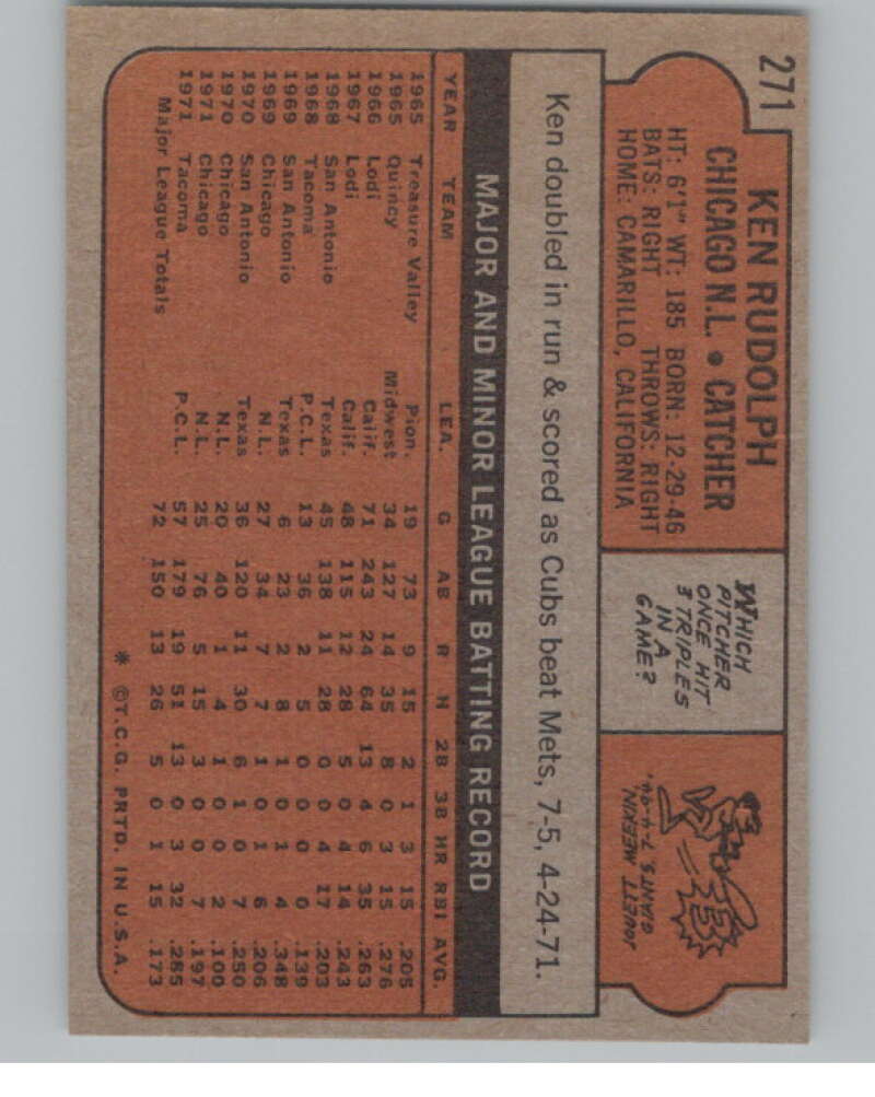 1972 Topps #271 Ken Rudolph Chicago Cubs V101402 Image 2