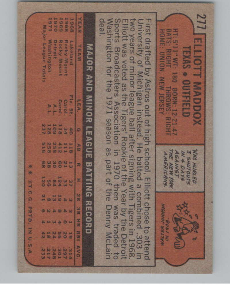 1972 Topps #277 Elliott Maddox Texas Rangers V101406 Image 2