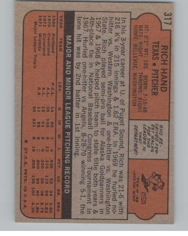 1972 Topps #317 Rich Hand Texas Rangers V101416 Image 2