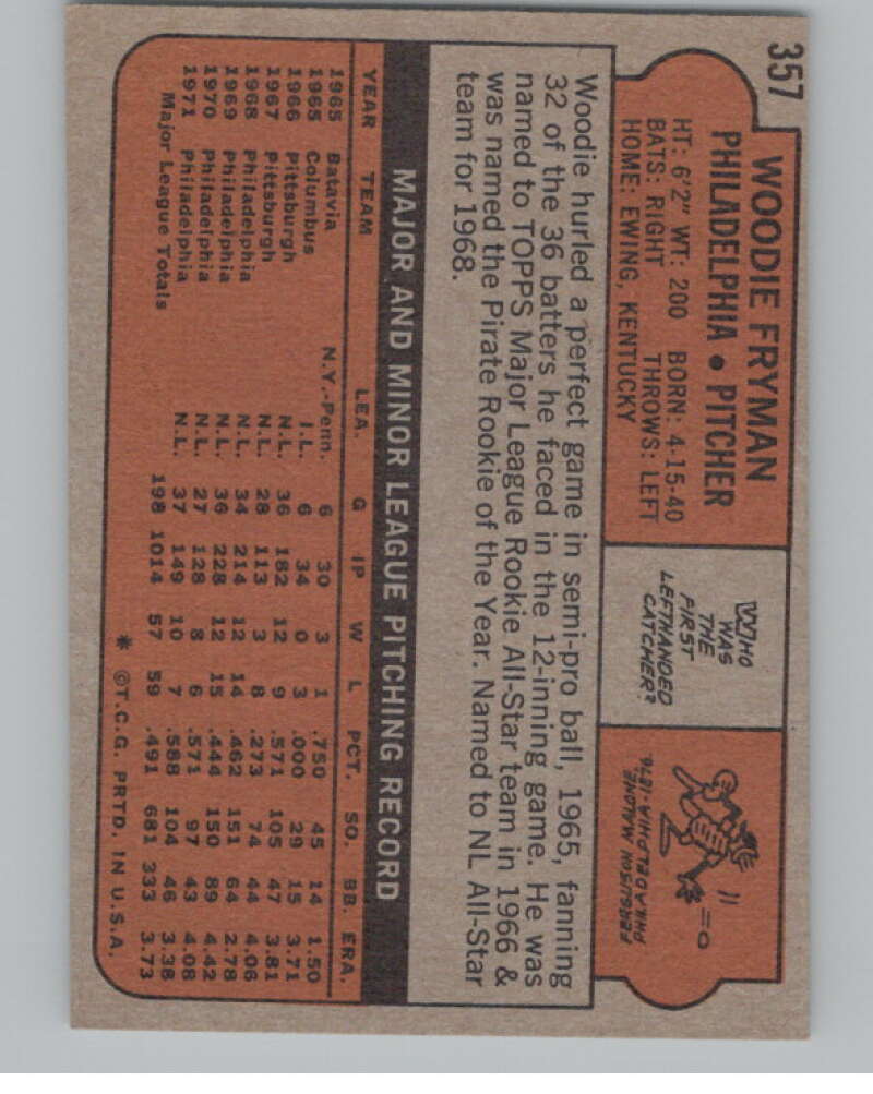 1972 Topps #357 Woodie Fryman Philadelphia Phillies V101425 Image 2