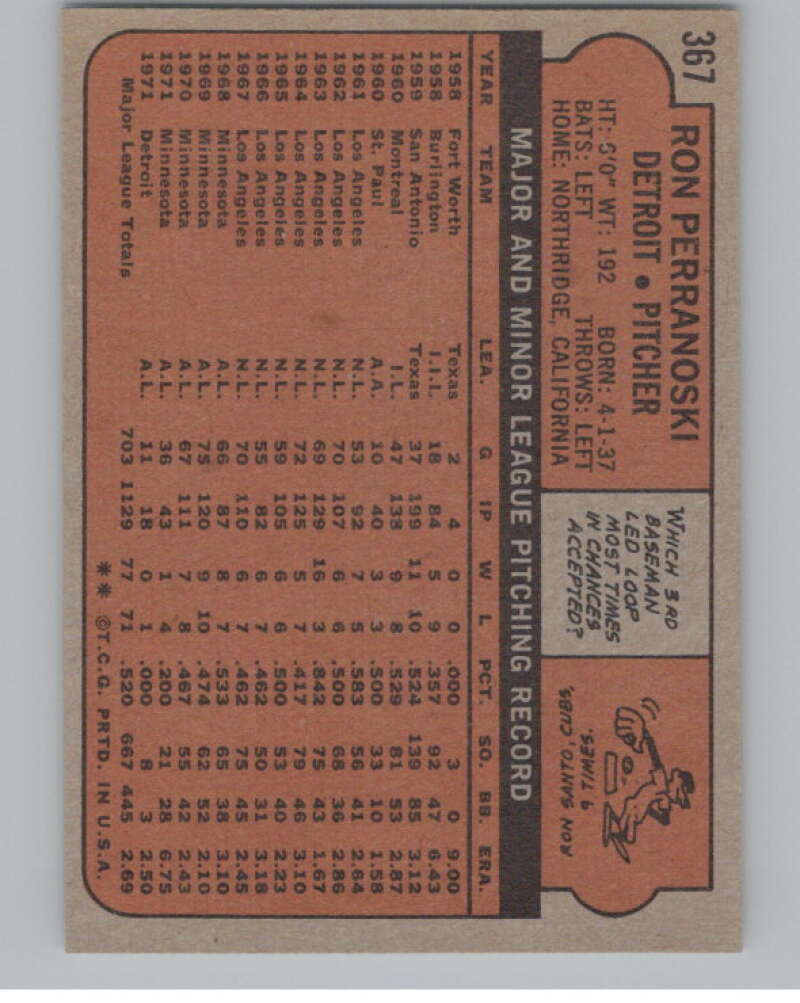 1972 Topps #367 Ron Perranoski Detroit Tigers V101428 Image 2