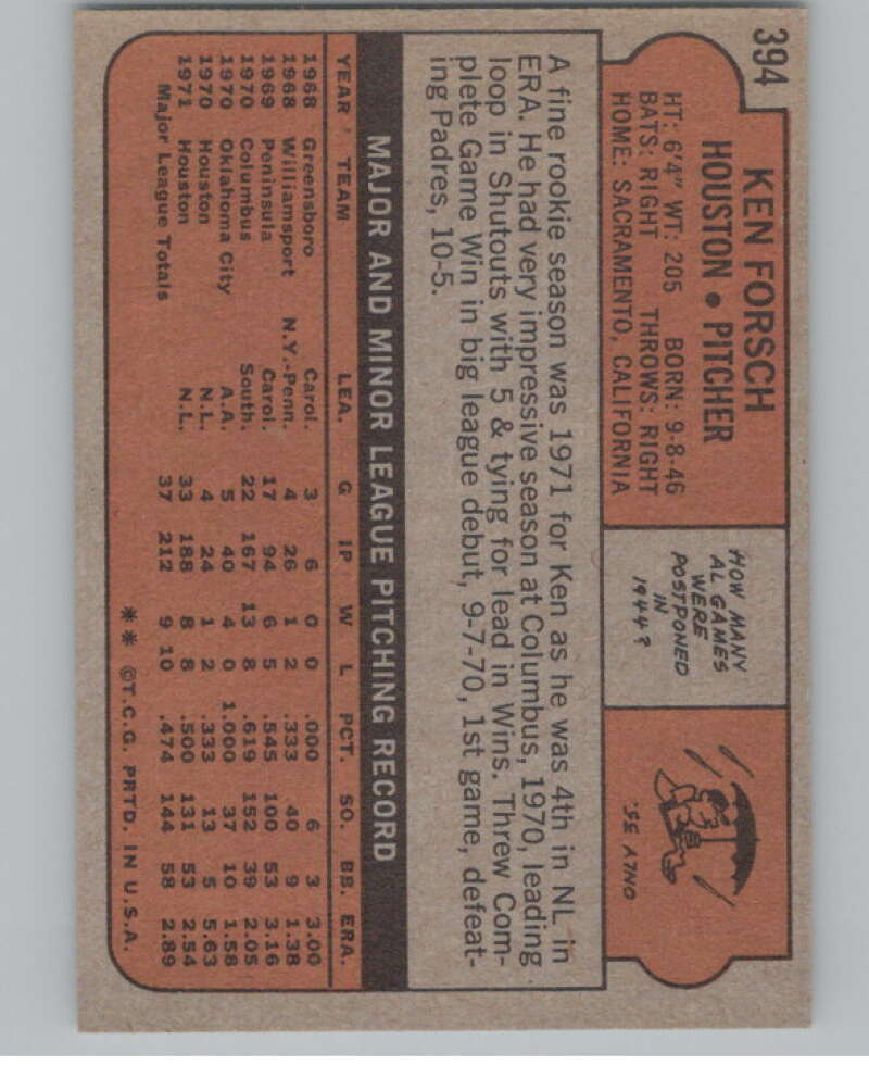 1972 Topps #394 Ken Forsch Houston Astros V101439 Image 2