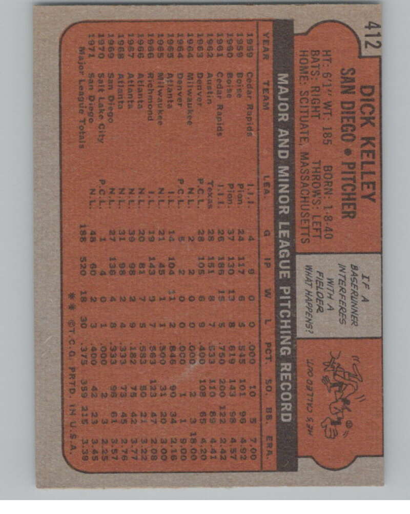 1972 Topps #412 Dick Kelley San Diego Padres V101445 Image 2