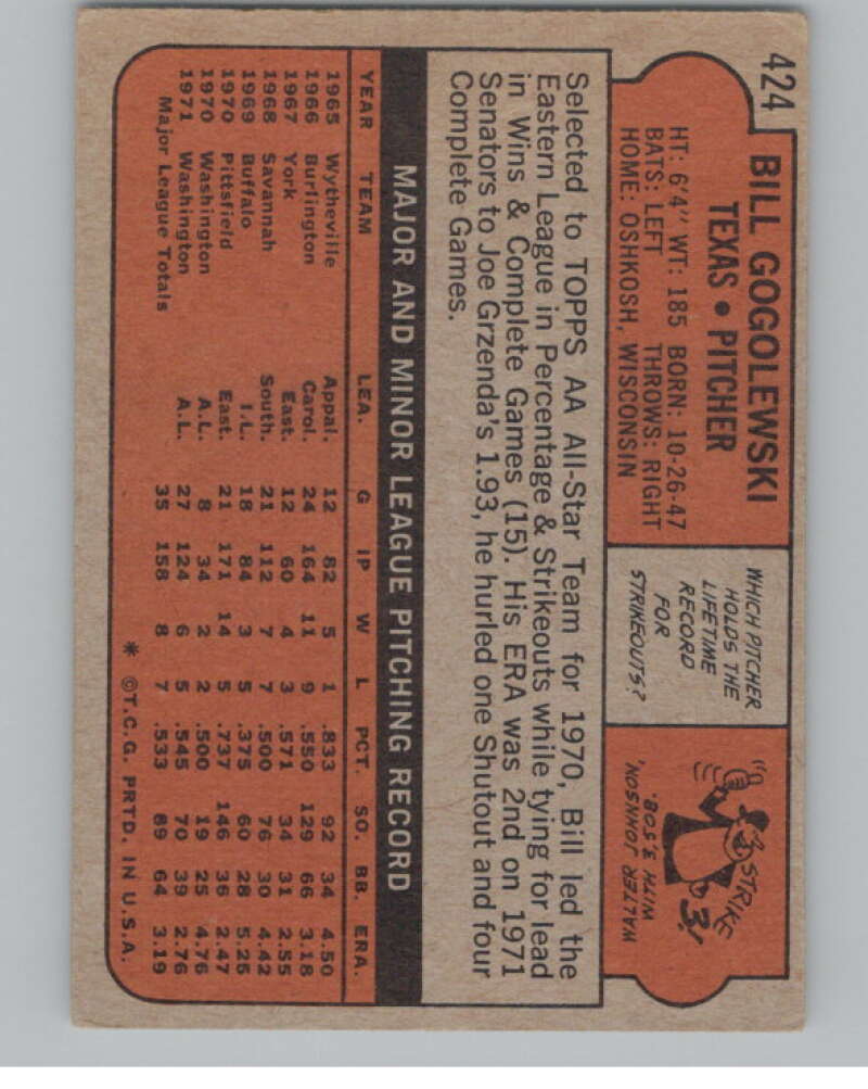 1972 Topps #424 Bill Gogolewski Texas Rangers V101448 Image 2