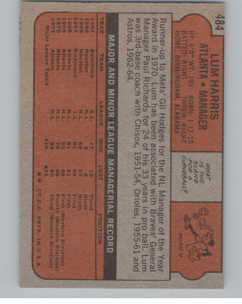 1972 Topps #484 Lum Harris MG Atlanta Braves V101460 Image 2