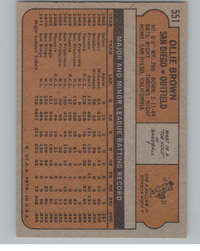 1972 Topps #551 Ollie Brown San Diego Padres V101472 Image 2