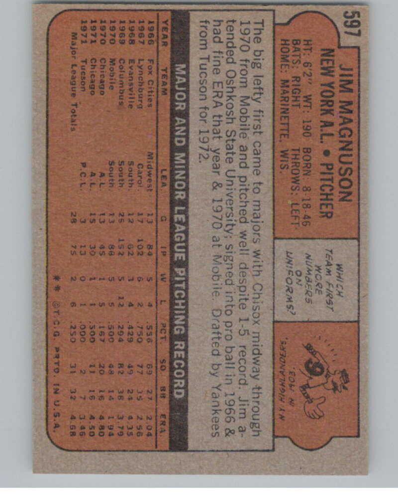 1972 Topps #597 Jim Magnuson RC Rookie New York Yankees V101477 Image 2