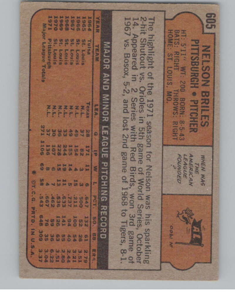 1972 Topps #605 Nelson Briles Pittsburgh Pirates V101480 Image 2