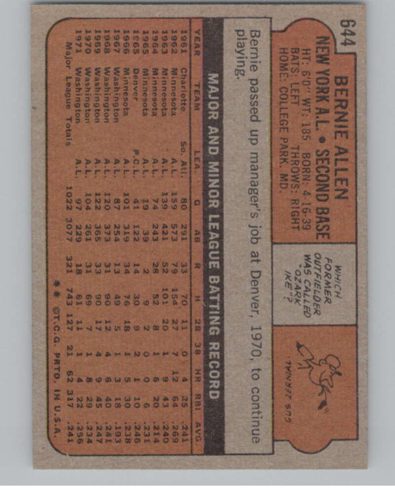 1972 Topps #644 Bernie Allen New York Yankees V101485 Image 2