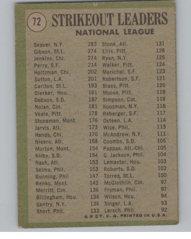 1971 Topps #72 Tom Seaver/Gibson/Fergie Jenkins NL Strikeout Leaders V101491 Image 2