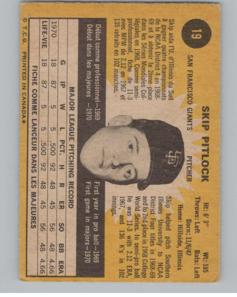 1971 O-Pee-Chee #19 Skip Pitlock RC Rookie San Francisco Giants V101493 Image 2