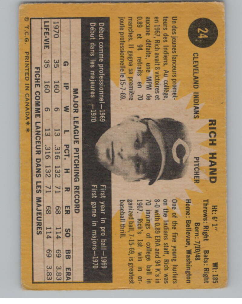 1971 O-Pee-Chee #24 Rich Hand RC Rookie Cleveland Indians V101494 Image 2