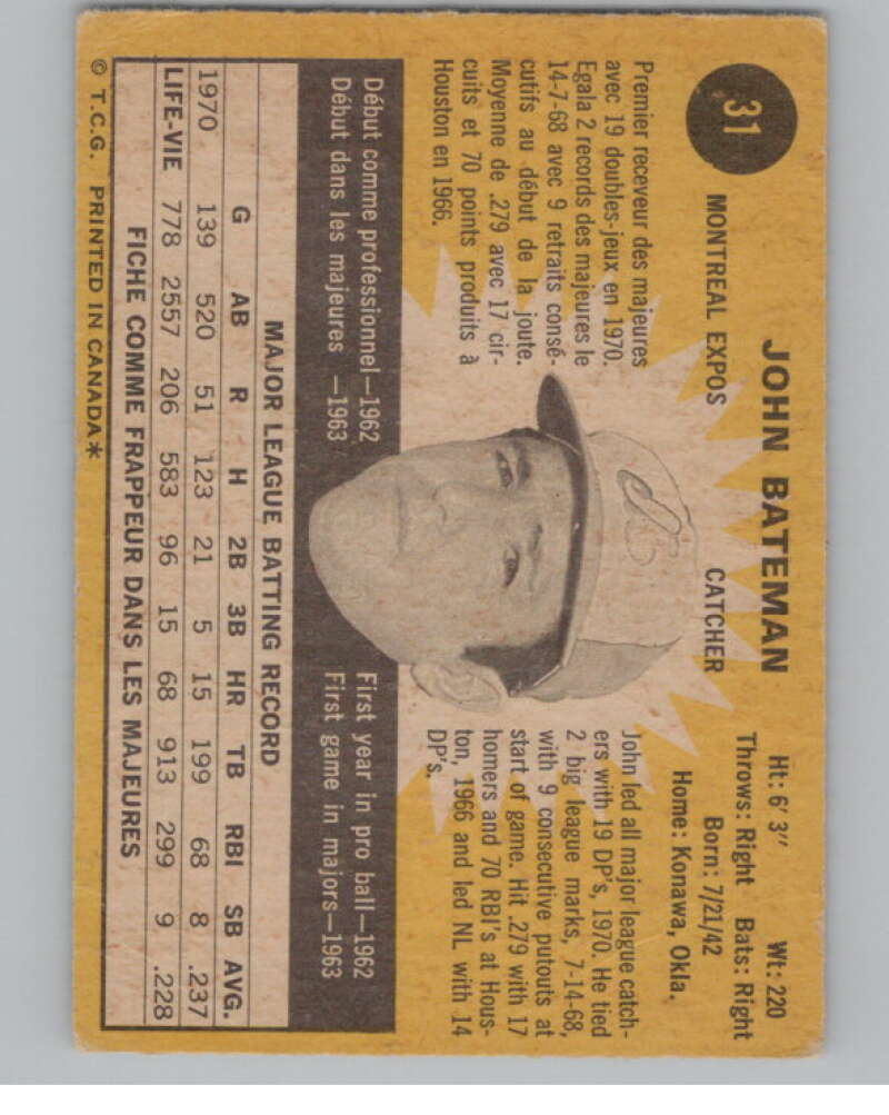 1971 O-Pee-Chee #31 John Bateman Montreal Expos V101495 Image 2
