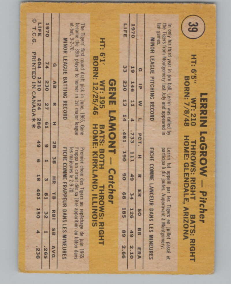 1971 O-Pee-Chee #39 Lerrin LaGrow/Gene Lamont RC Rookie V101498 Image 2