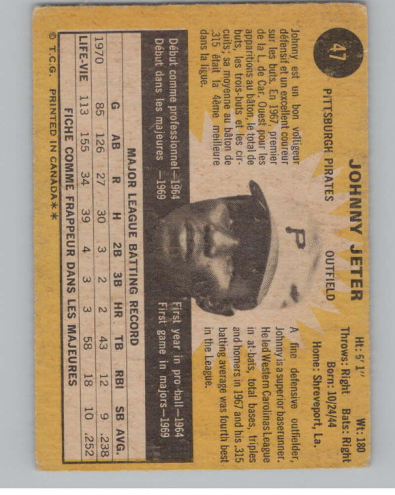 1971 O-Pee-Chee #47 Johnny Jeter Pittsburgh Pirates V101500 Image 2