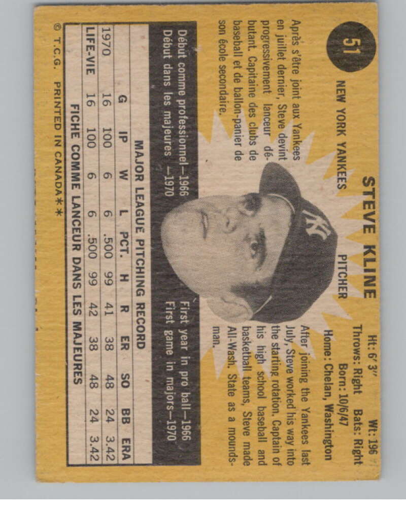 1971 O-Pee-Chee #51 Steve Kline RC Rookie New York Yankees V101502 Image 2