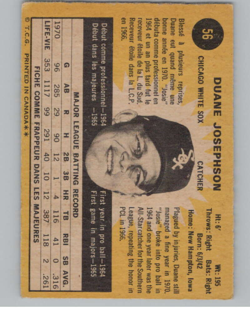 1971 O-Pee-Chee #56 Duane Josephson Chicago White Sox V101504 Image 2
