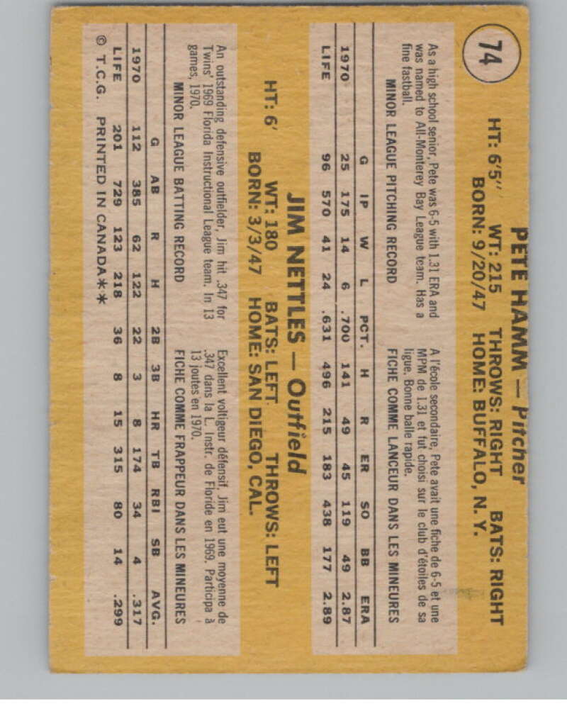 1971 O-Pee-Chee #74 Pete Hamm/Jim Nettles RC Rookie Twins V101506 Image 2