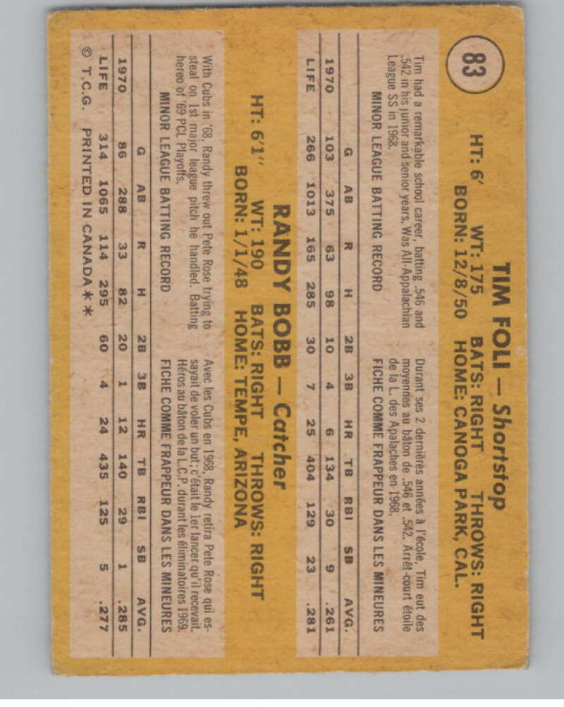1971 O-Pee-Chee #83 Tim Foli/Randy Bobb RC Rookie Mets V101509 Image 2