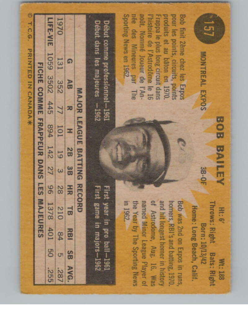 1971 O-Pee-Chee #157 Bob Bailey Montreal Expos V101526 Image 2