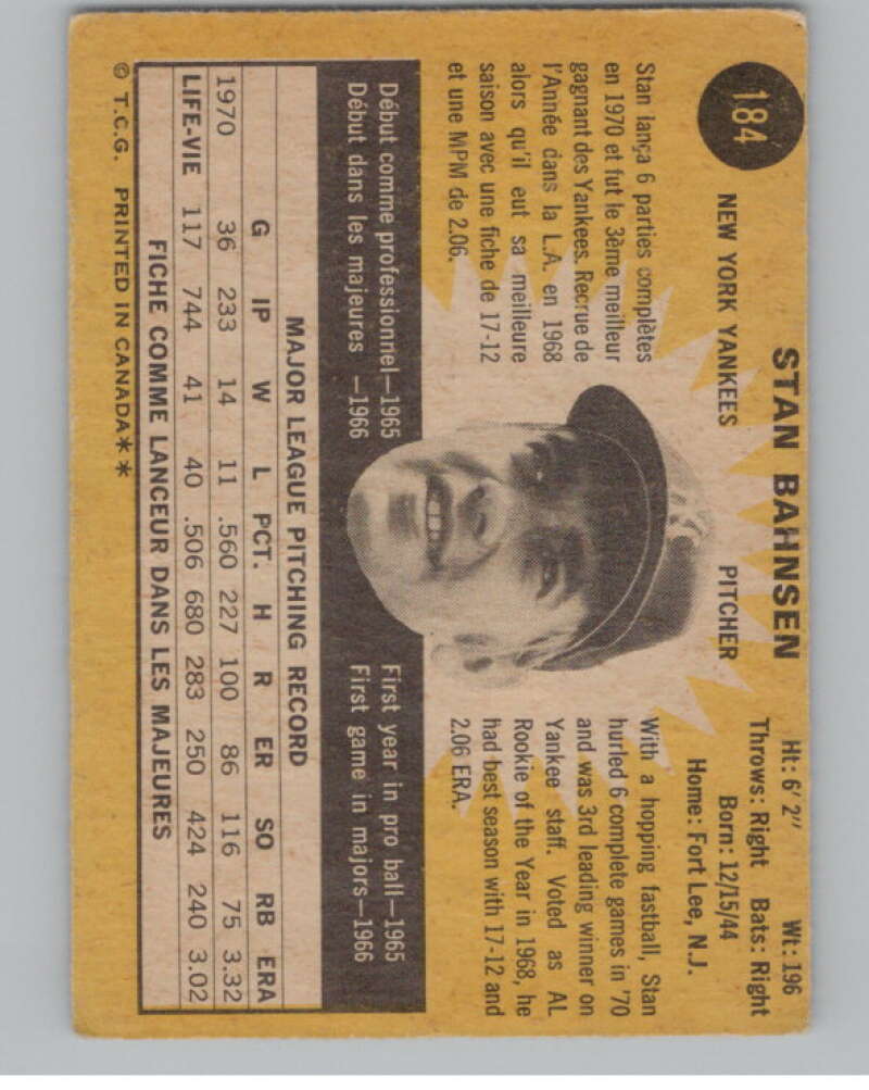 1971 O-Pee-Chee #184 Stan Bahnsen New York Yankees V101528 Image 2