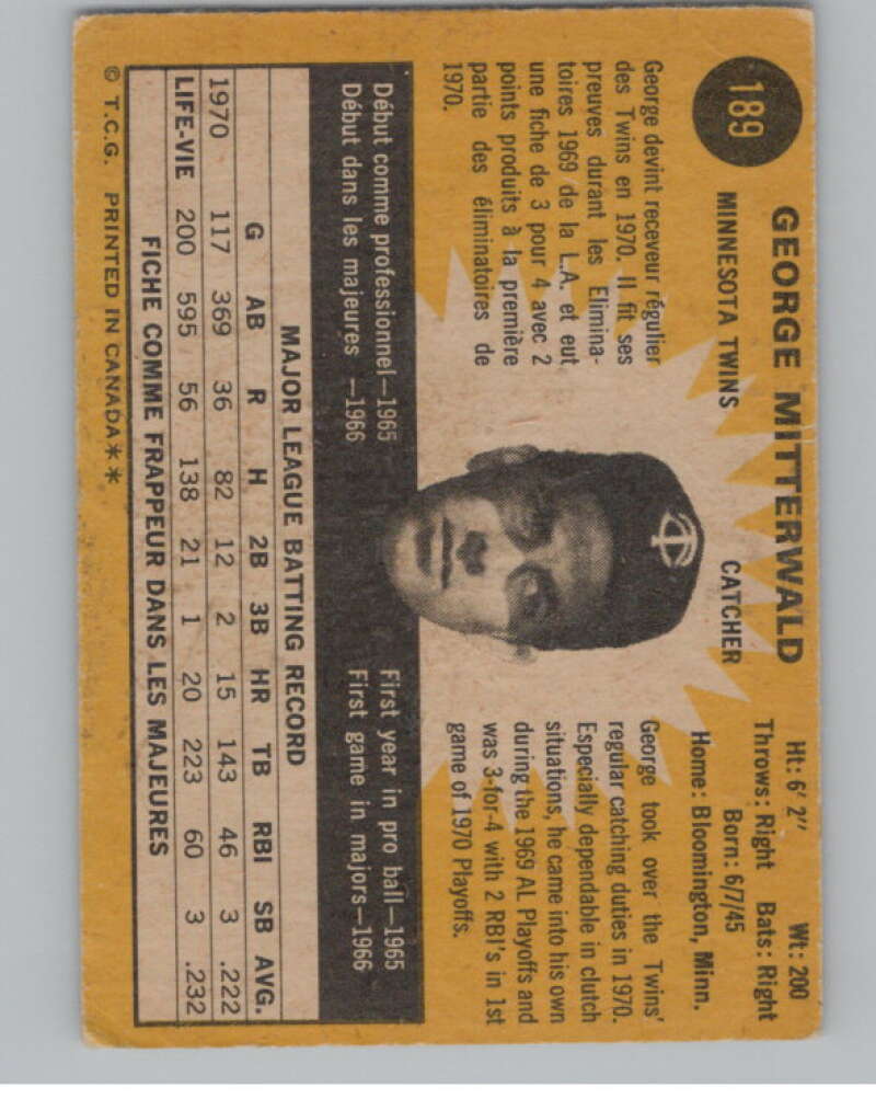 1971 O-Pee-Chee #189 George Mitterwald Minnesota Twins V101529 Image 2