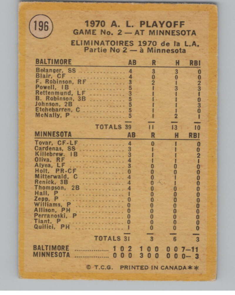 1971 O-Pee-Chee #196 AL Playoffs Game 2 McNally Makes It Two Straight V101530 Image 2