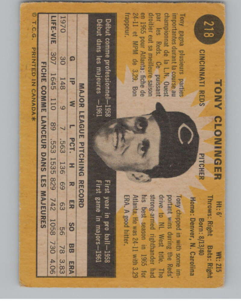 1971 O-Pee-Chee #218 Tony Cloninger Cincinnati Reds V101531 Image 2