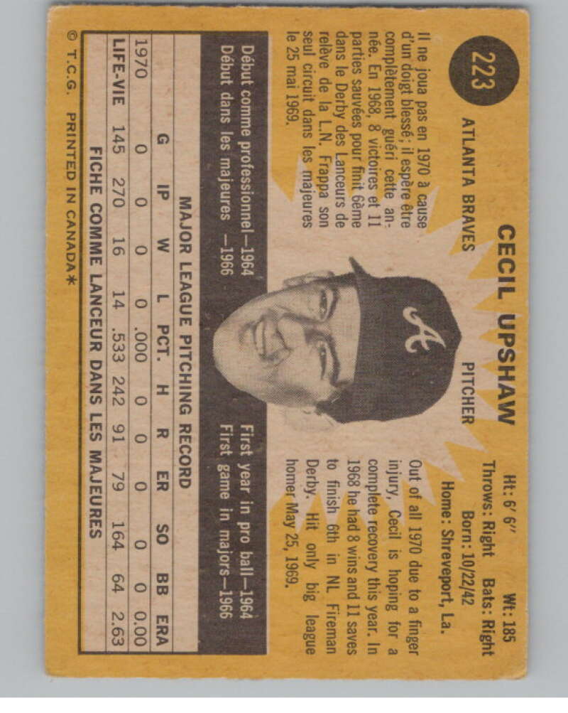 1971 O-Pee-Chee #223 Cecil Upshaw Atlanta Braves V101533 Image 2