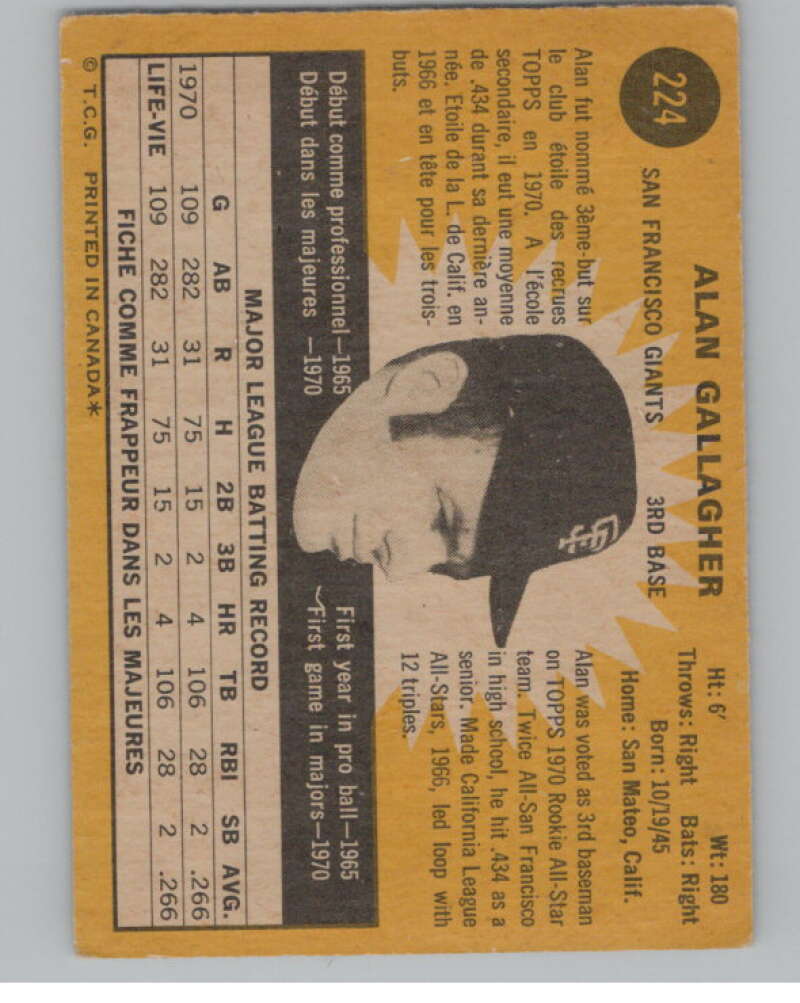 1971 O-Pee-Chee #224 Alan Gallagher RC Rookie Giants V101534 Image 2