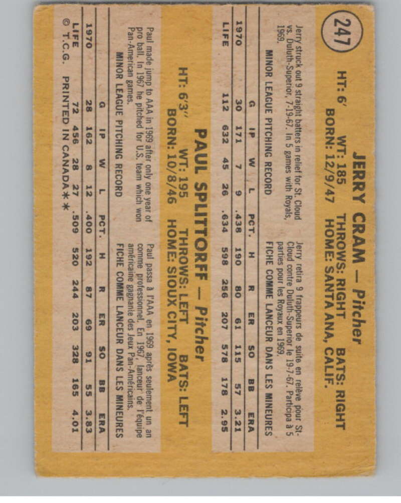1971 O-Pee-Chee #247 Jerry Cram/Paul Splittorff RC Rookie V101535 Image 2