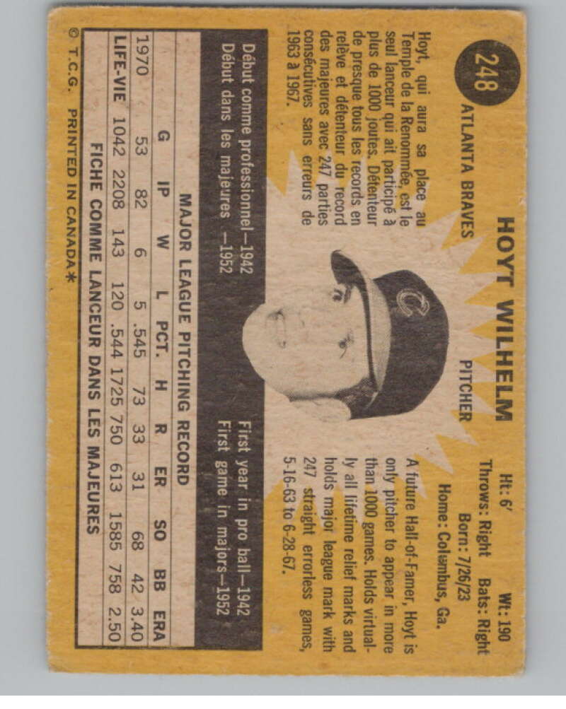 1971 O-Pee-Chee #248 Hoyt Wilhelm Atlanta Braves V101536 Image 2