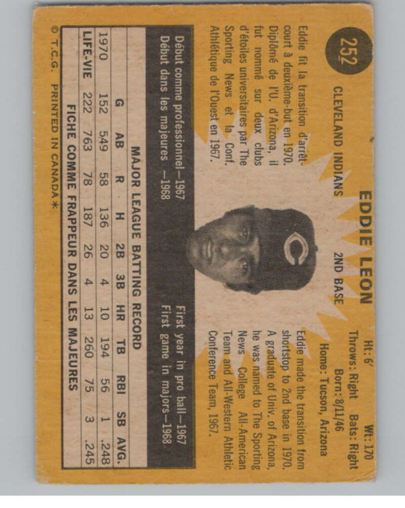 1971 O-Pee-Chee #252 Eddie Leon Cleveland Indians V101538 Image 2