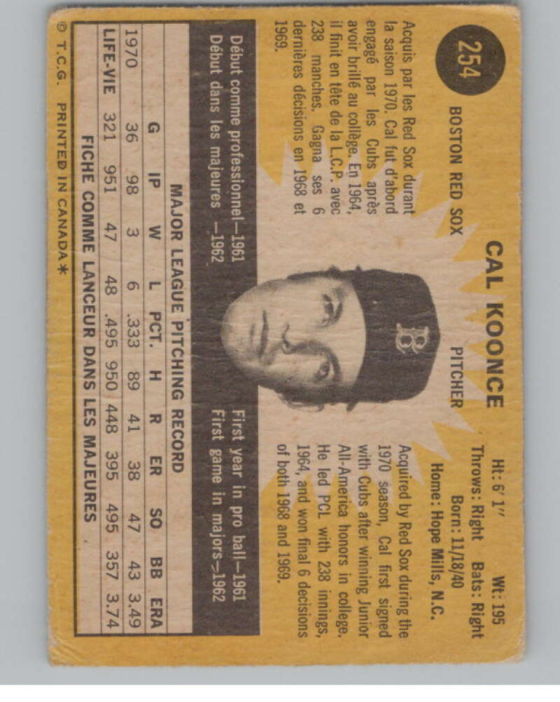 1971 O-Pee-Chee #254 Cal Koonce Boston Red Sox V101540 Image 2