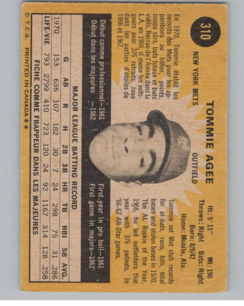 1971 O-Pee-Chee #310 Tommie Agee New York Mets V101545 Image 2