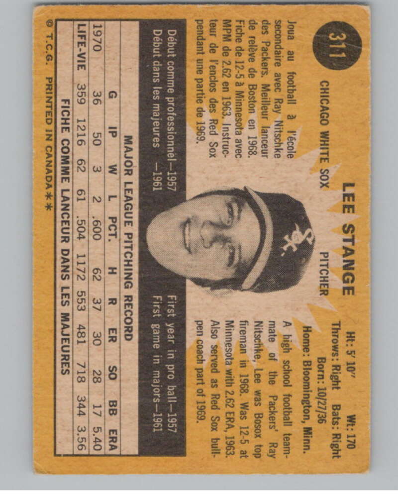 1971 O-Pee-Chee #311 Lee Stange Chicago White Sox V101546 Image 2