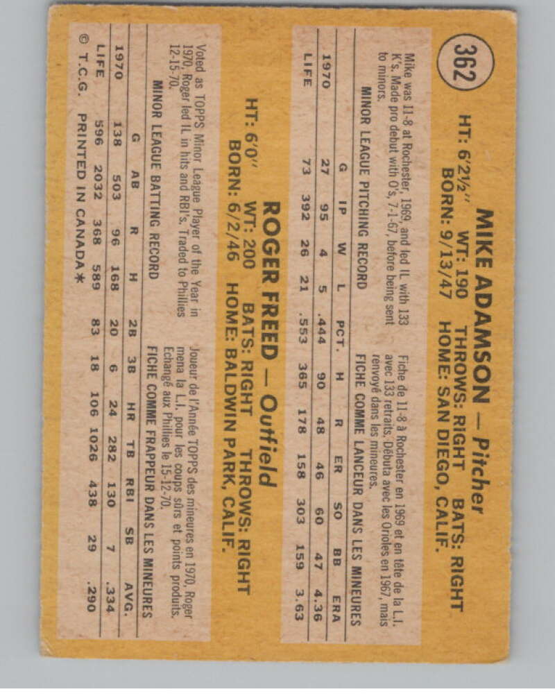1971 O-Pee-Chee #362 Mike Adamson/Roger Freed RC Rookie V101551 Image 2