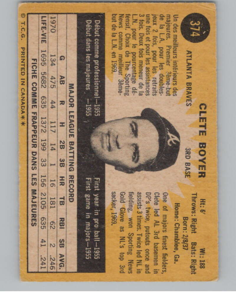 1971 O-Pee-Chee #374 Clete Boyer Atlanta Braves V101552 Image 2
