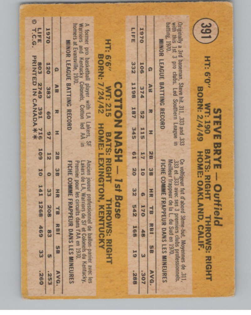 1971 O-Pee-Chee #391 Steve Brye/Cotton Nash RC Rookie Twins V101555 Image 2