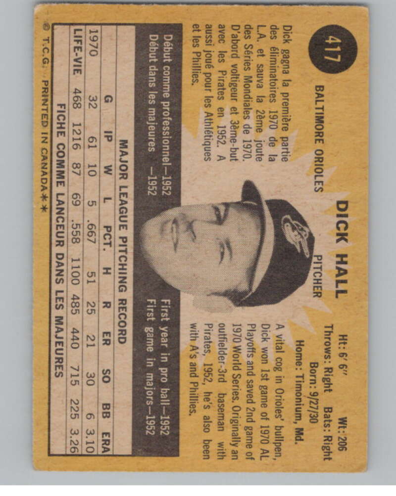 1971 O-Pee-Chee #417 Dick Hall Baltimore Orioles V101557 Image 2
