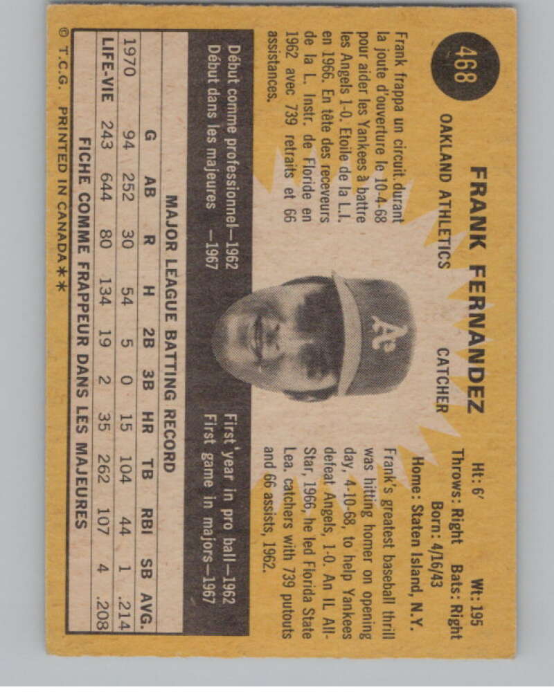 1971 O-Pee-Chee #468 Frank Fernandez Oakland Athletics V101559 Image 2