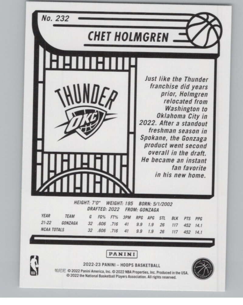 2022-23 Panini NBA Hoops #232 Chet Holmgren RC Rookie V101667 Image 2