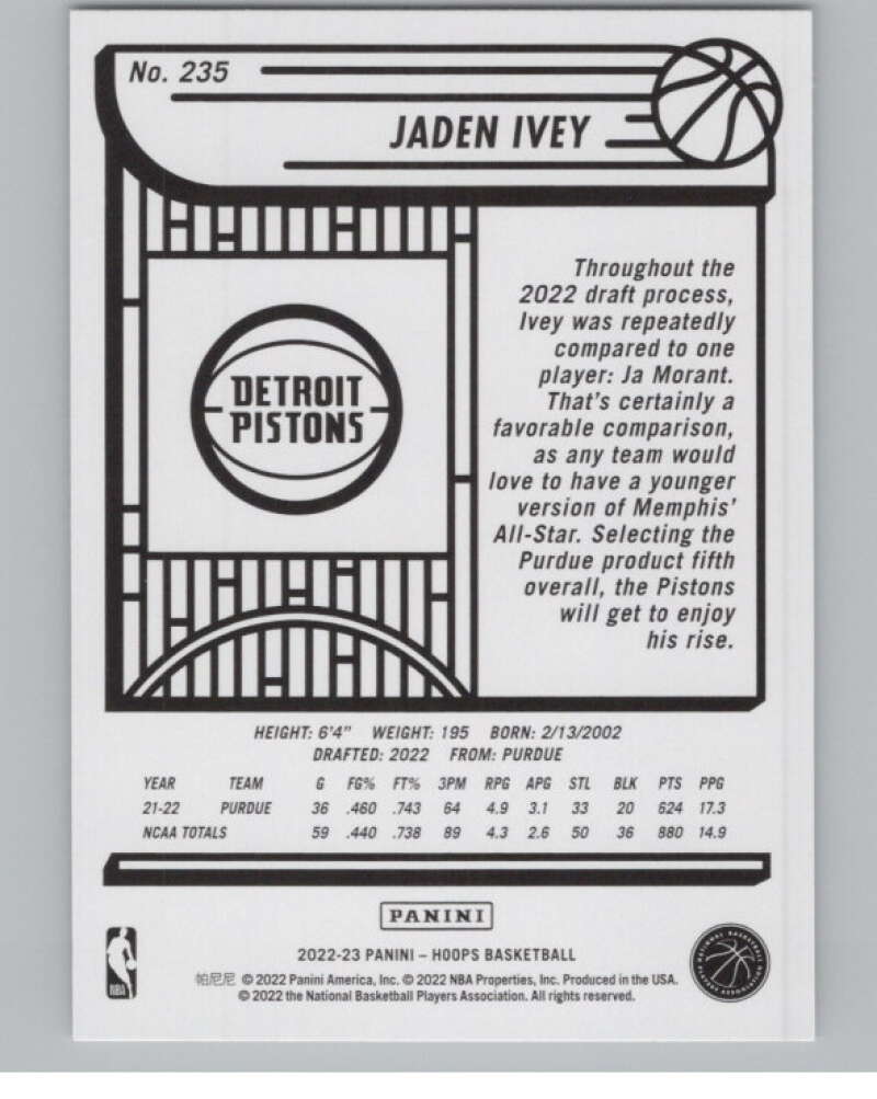 2022-23 Panini NBA Hoops #235 Jaden Ivey RC Rookie Pistons V101668 Image 2